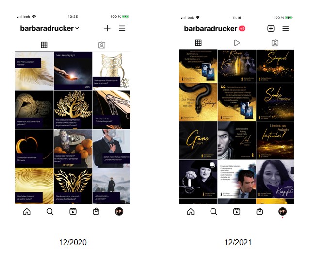 Screenshots von Instagram-Feeds in Schwarz, Gold und Violett