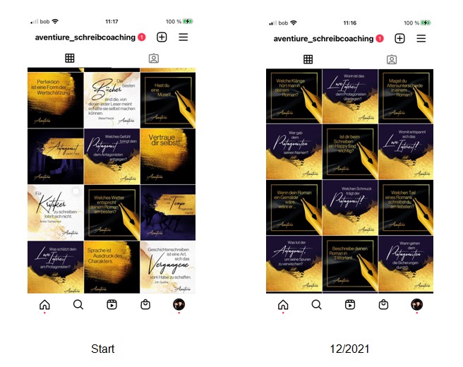 Screenshots von Instagram-Feeds in Schwarz, Gold, Violett und Weiß